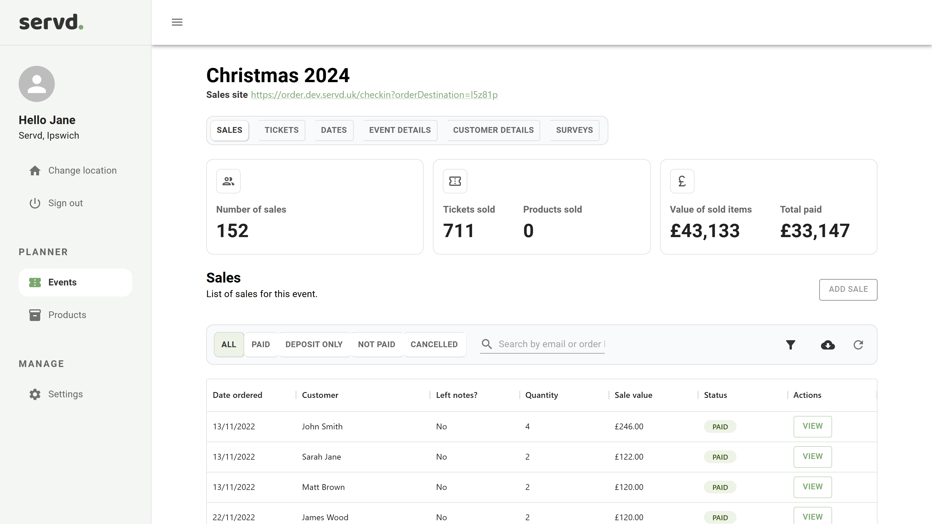 servd event dashboard